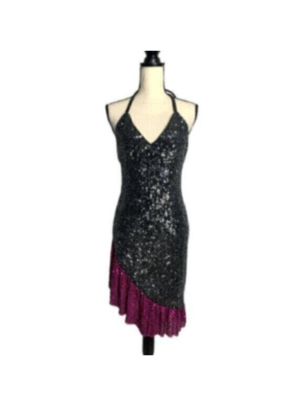 NWT One33 Social Black & Purple Sequin Colorblock Backless Halter Dress - Picture 7 of 15